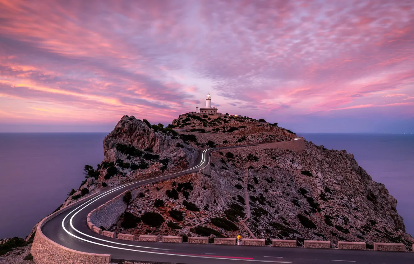 Photo wallpaper Sunset, Spain, Lighthouse, Mallorca, Light Trails