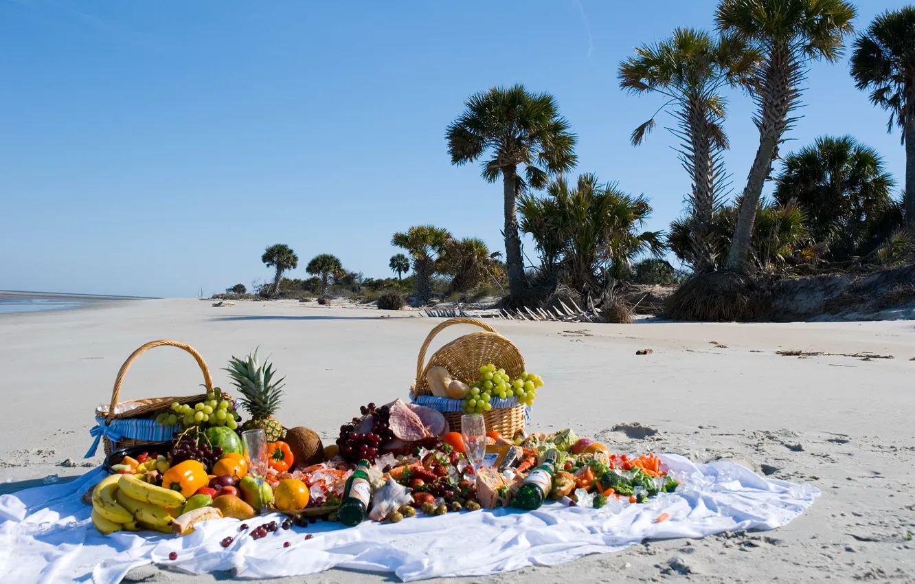 Photo wallpaper sand, beach, palm trees, photo, food, fruit, still life, basket