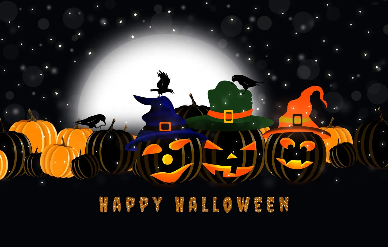 Photo wallpaper night, holiday, bird, the moon, Halloween, pumpkin, Halloween, pumpkins