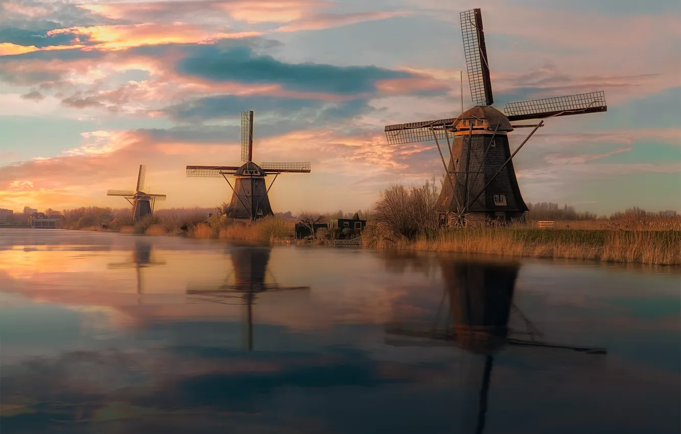 Photo wallpaper water, sunset, river, mill