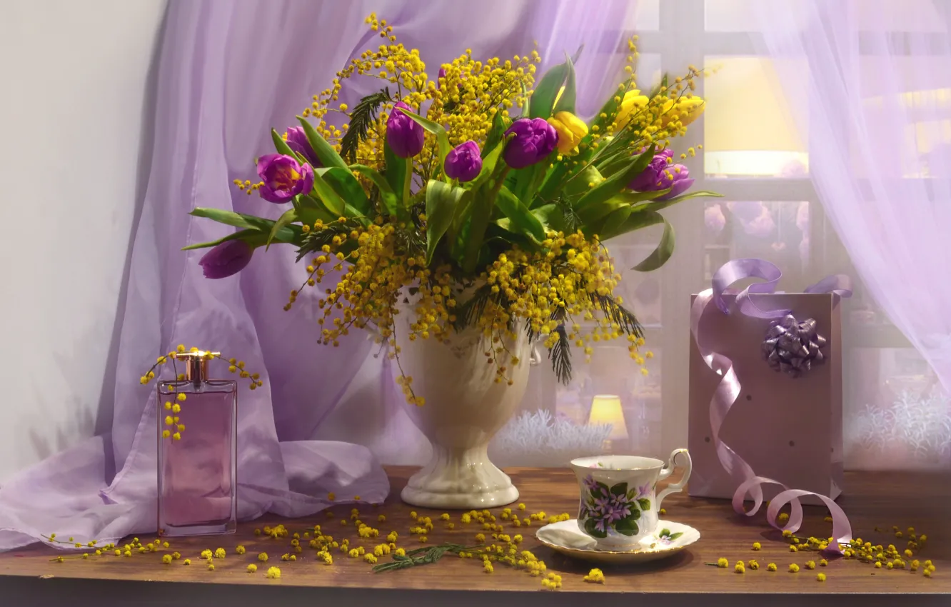 Photo wallpaper flowers, box, perfume, window, Cup, tulips, bottle, vase