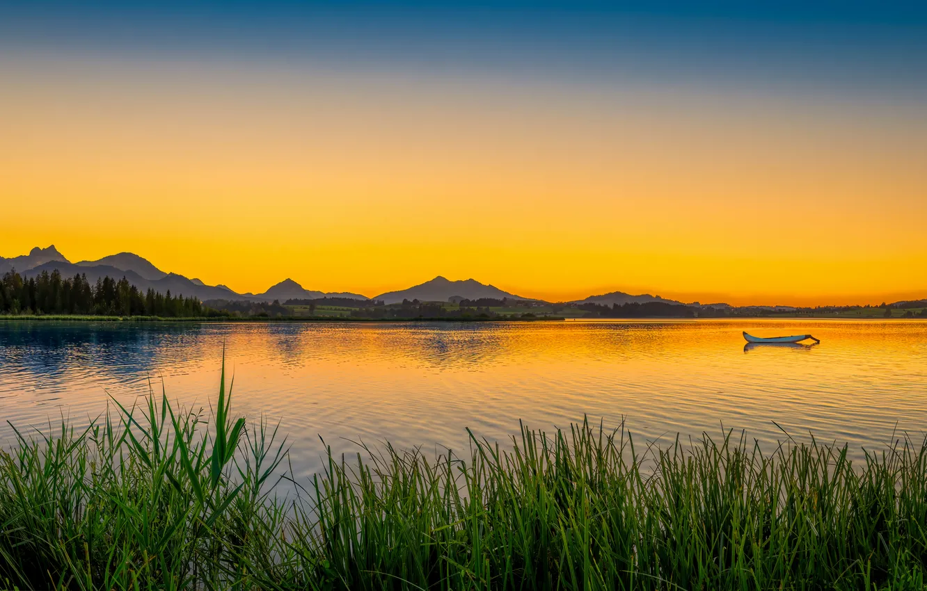 Photo wallpaper sunset, river, boat, the evening, panorama