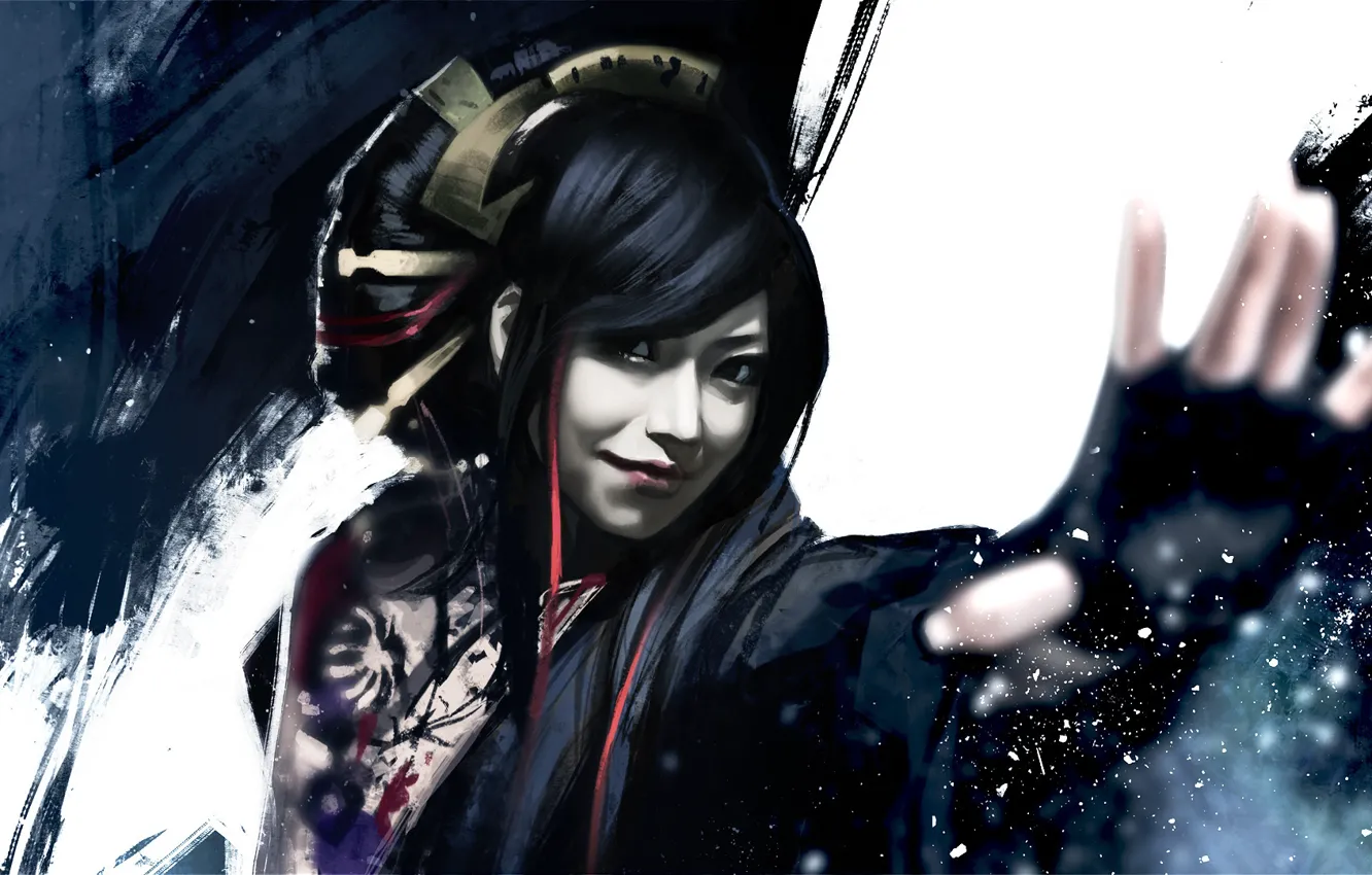 Photo wallpaper look, girl, face, Japanese, hands, art, yuuko