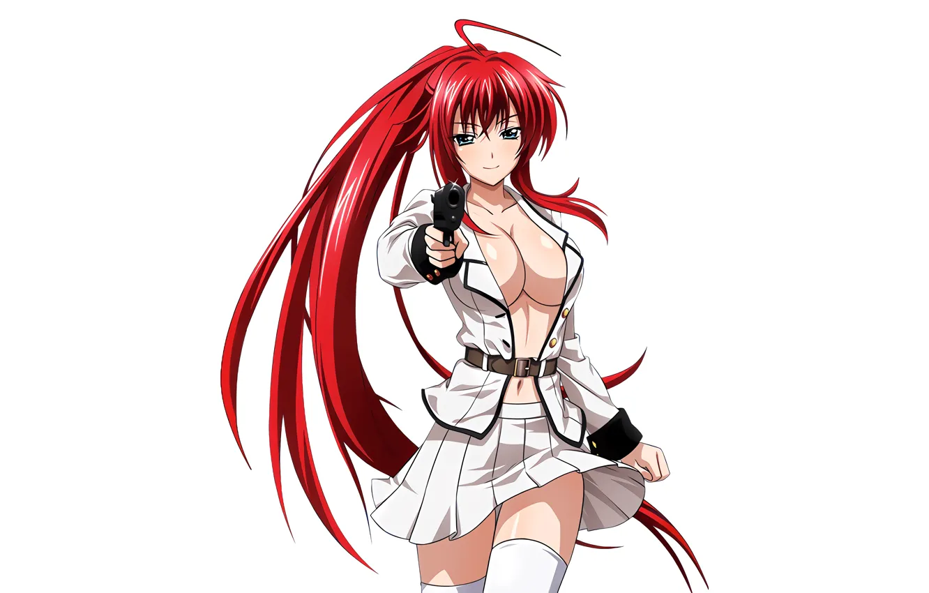 Photo wallpaper girl, gun, sexy, cleavage, thighhighs, long hair, boobs, anime