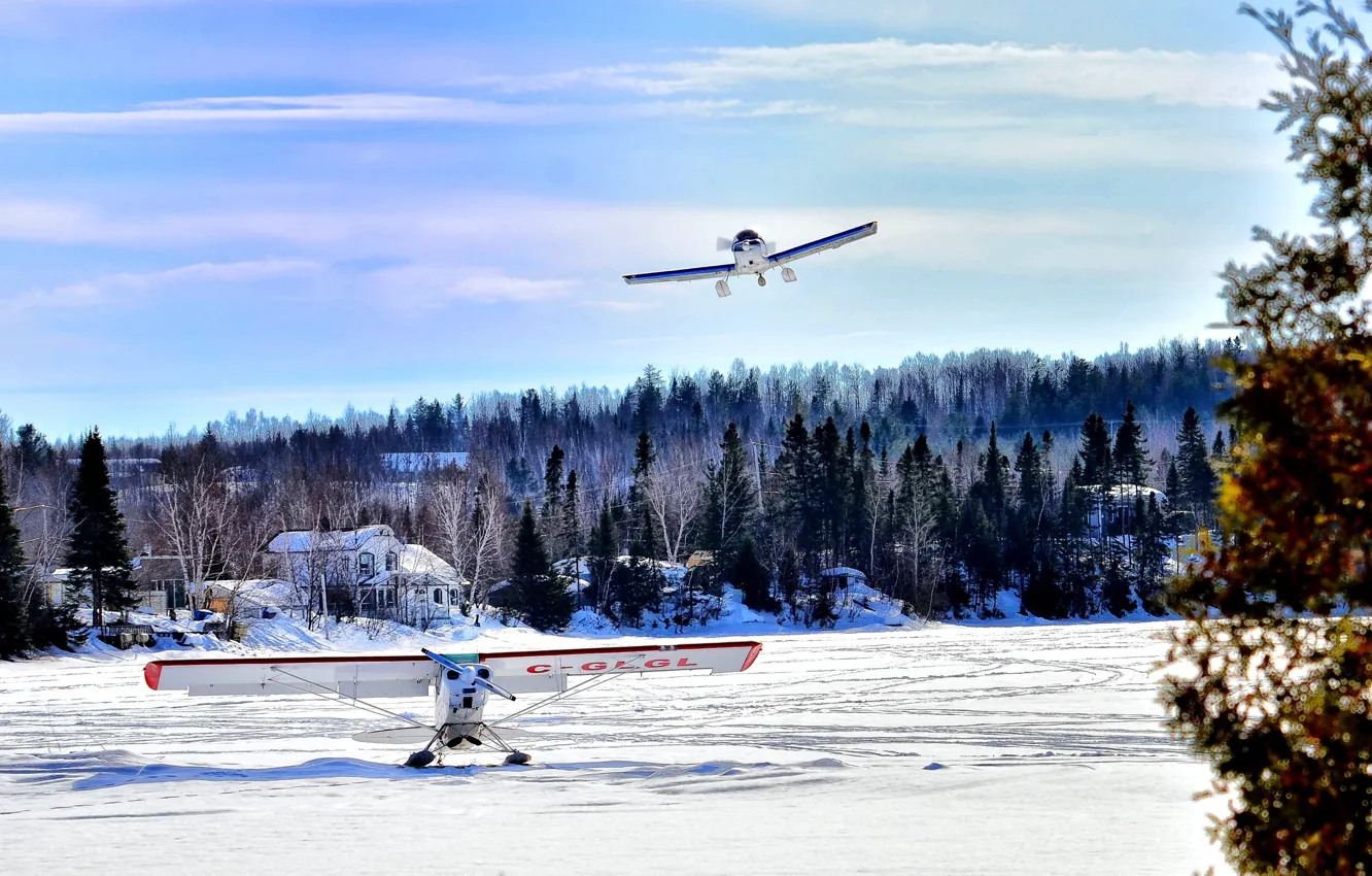 Photo wallpaper Canada, river, sky, planes, nature, blue, cloud, winter