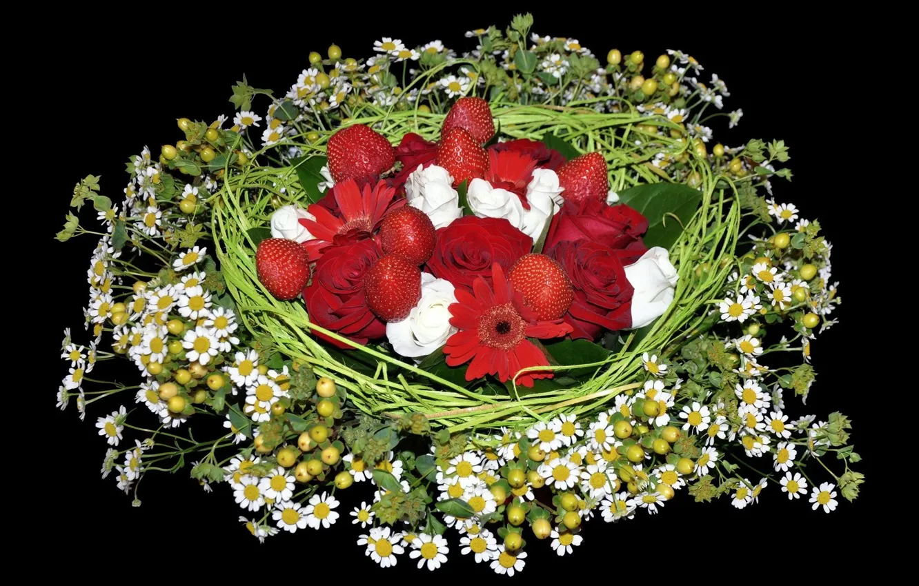 Photo wallpaper background, black, roses, chamomile, bouquet, strawberry, composition