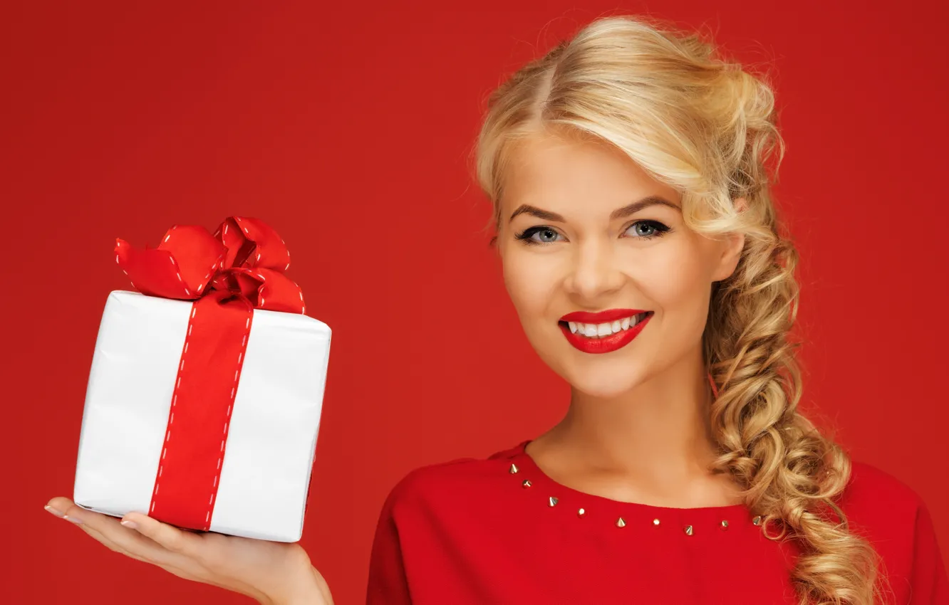Photo wallpaper girl, red, smile, background, box, gift, blonde