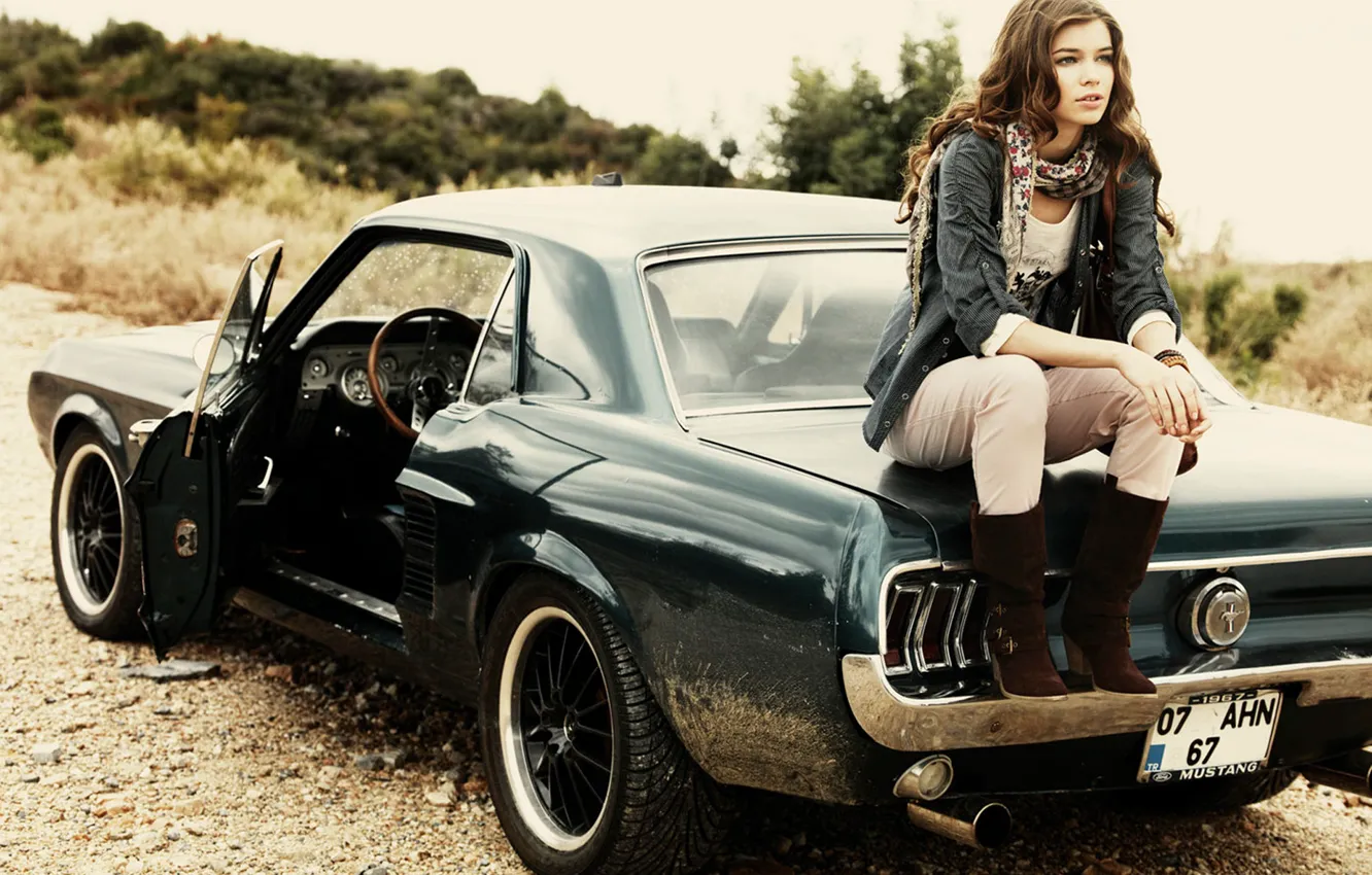 Photo wallpaper road, machine, girl, model, mustang, Mustang, car, ford