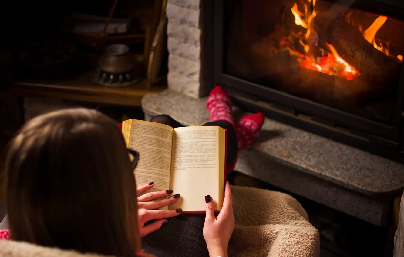 Photo wallpaper girl, heat, book, fireplace, plaid, cozy, socks