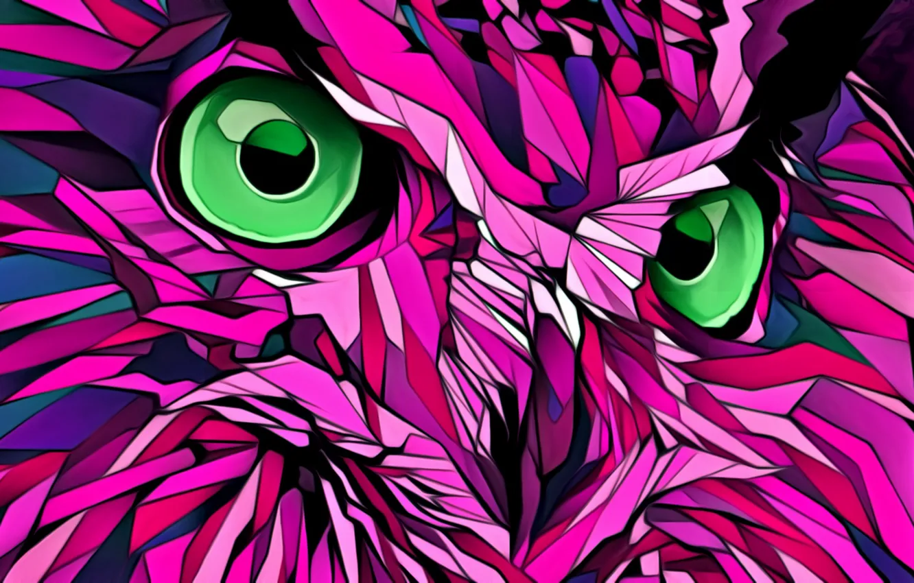 Photo wallpaper abstraction, figure, green eyes, illustration, owl, a stern look, bird of prey
