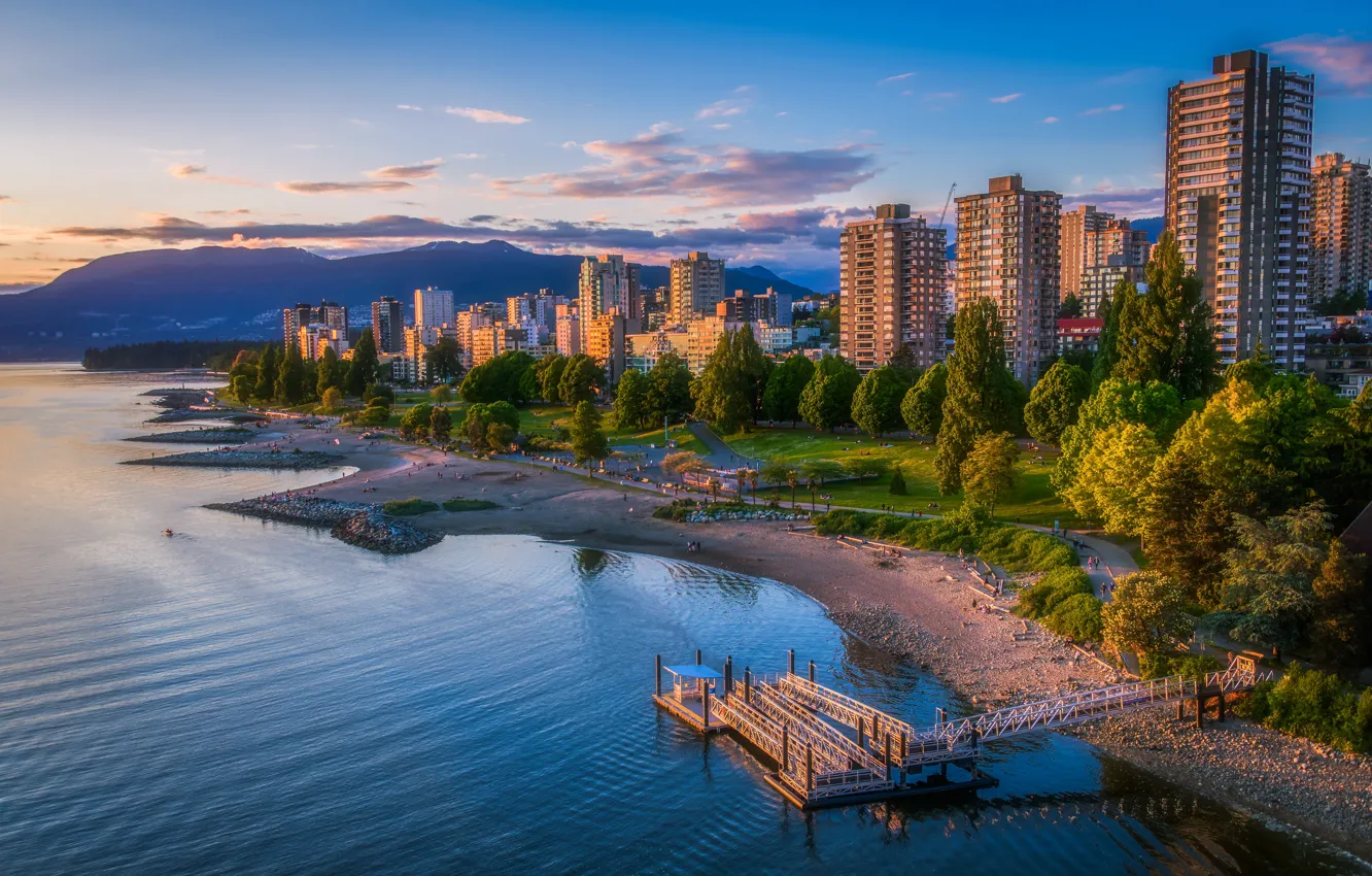 Photo wallpaper greens, beach, summer, the sky, clouds, light, trees, mountains