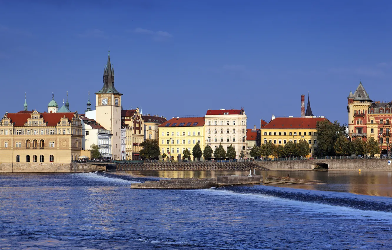 Photo wallpaper the sky, bridge, the city, blue, shore, watch, building, tower