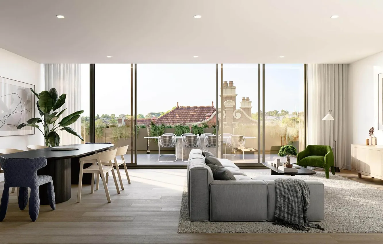 Photo wallpaper design, style, interior, dining room, city apartment, living room with access to the terrace