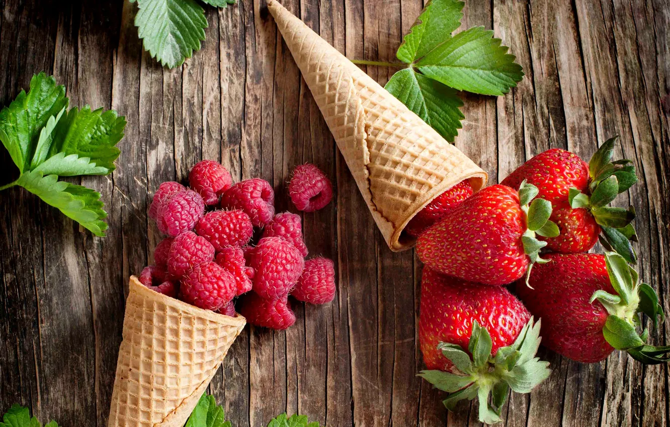 Photo wallpaper summer, berries, raspberry, strawberry, horn, dessert, waffle