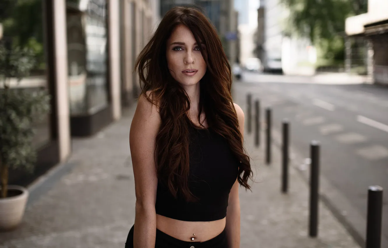 Photo wallpaper road, look, pose, model, portrait, makeup, piercing, hairstyle