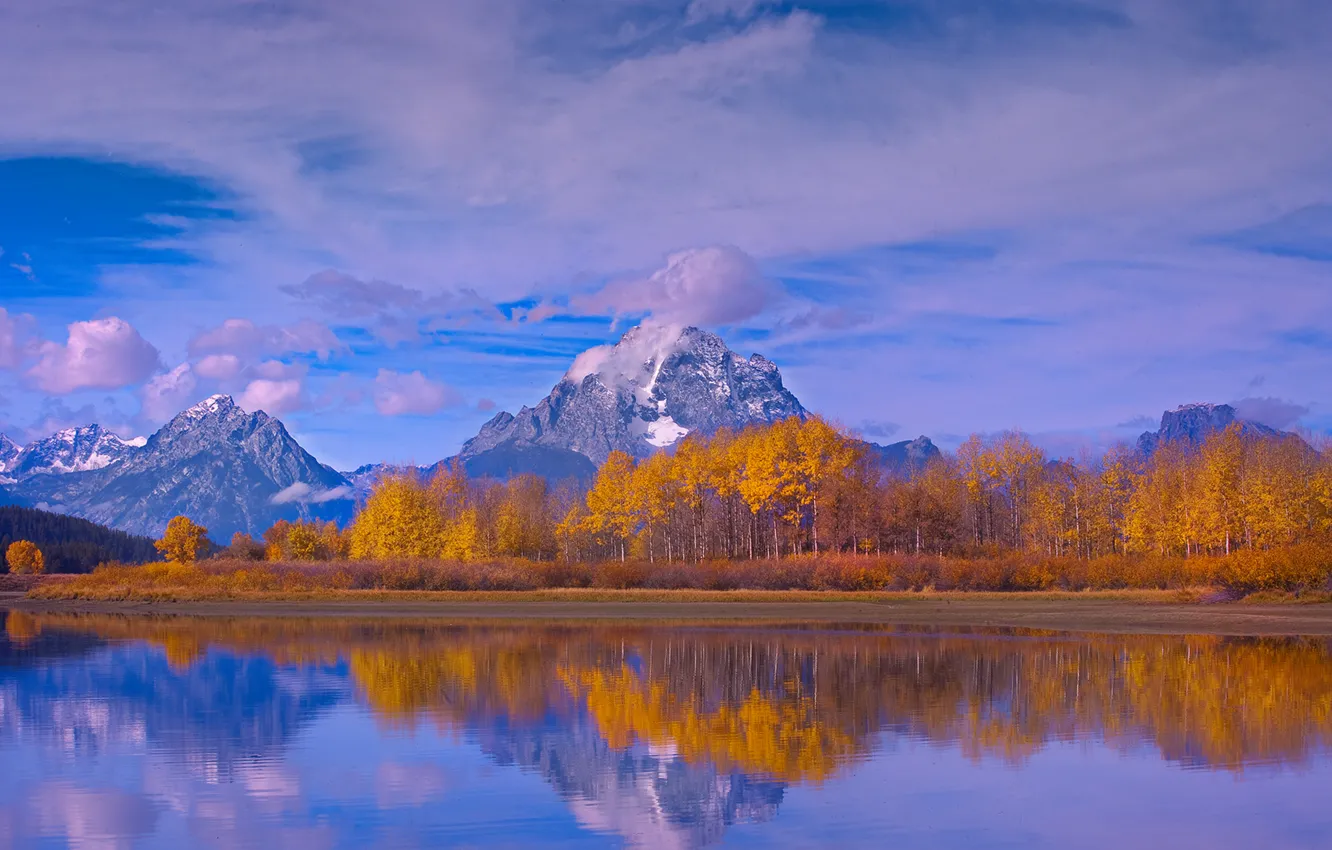 Photo wallpaper autumn, the sky, clouds, snow, trees, mountains, nature, lake