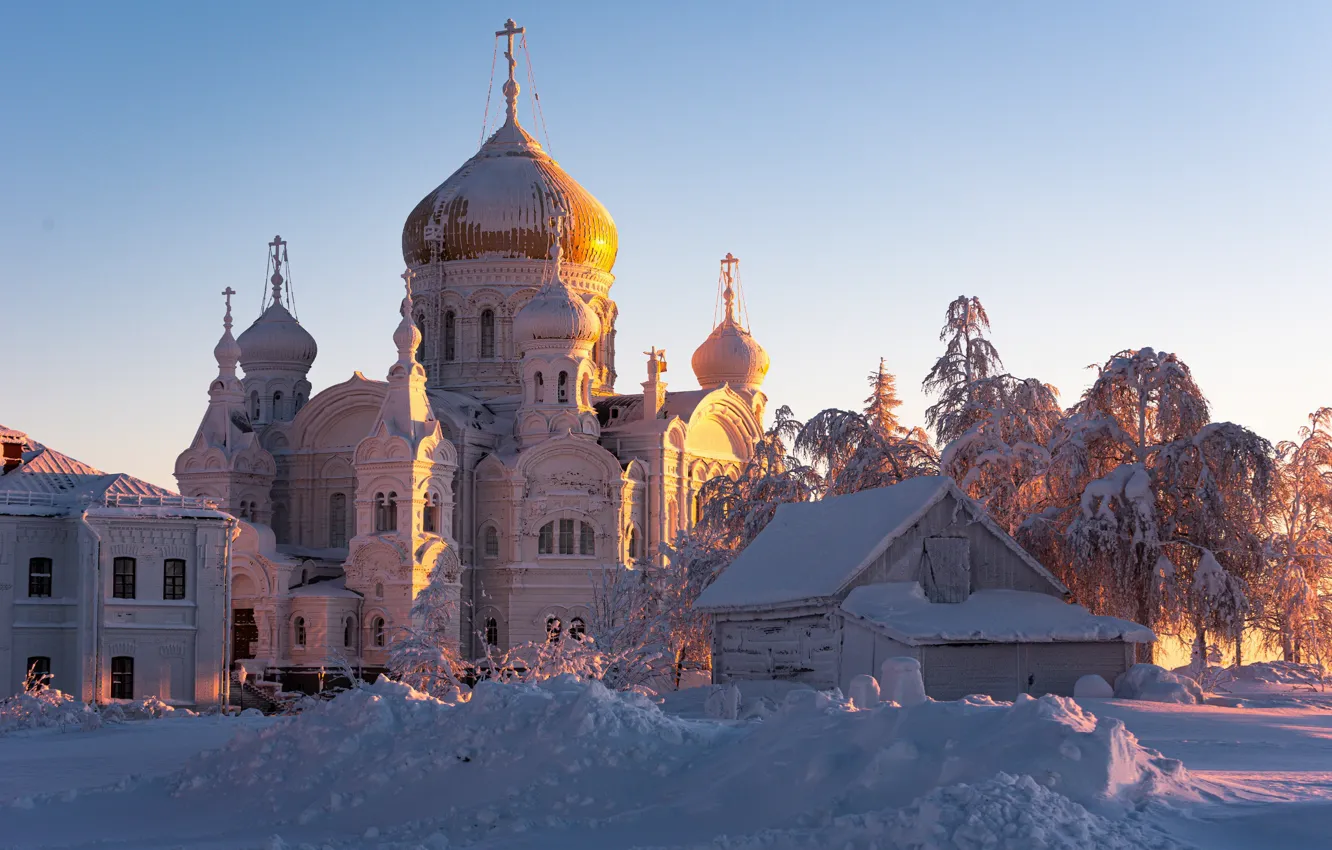 Photo wallpaper winter, snow, landscape, nature, temple, the monastery, dome, Perm Krai