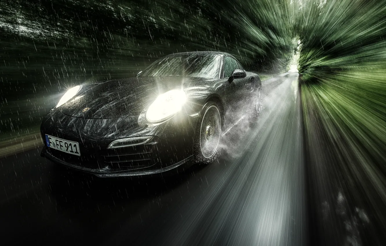 Photo wallpaper road, rain, speed, Porsche