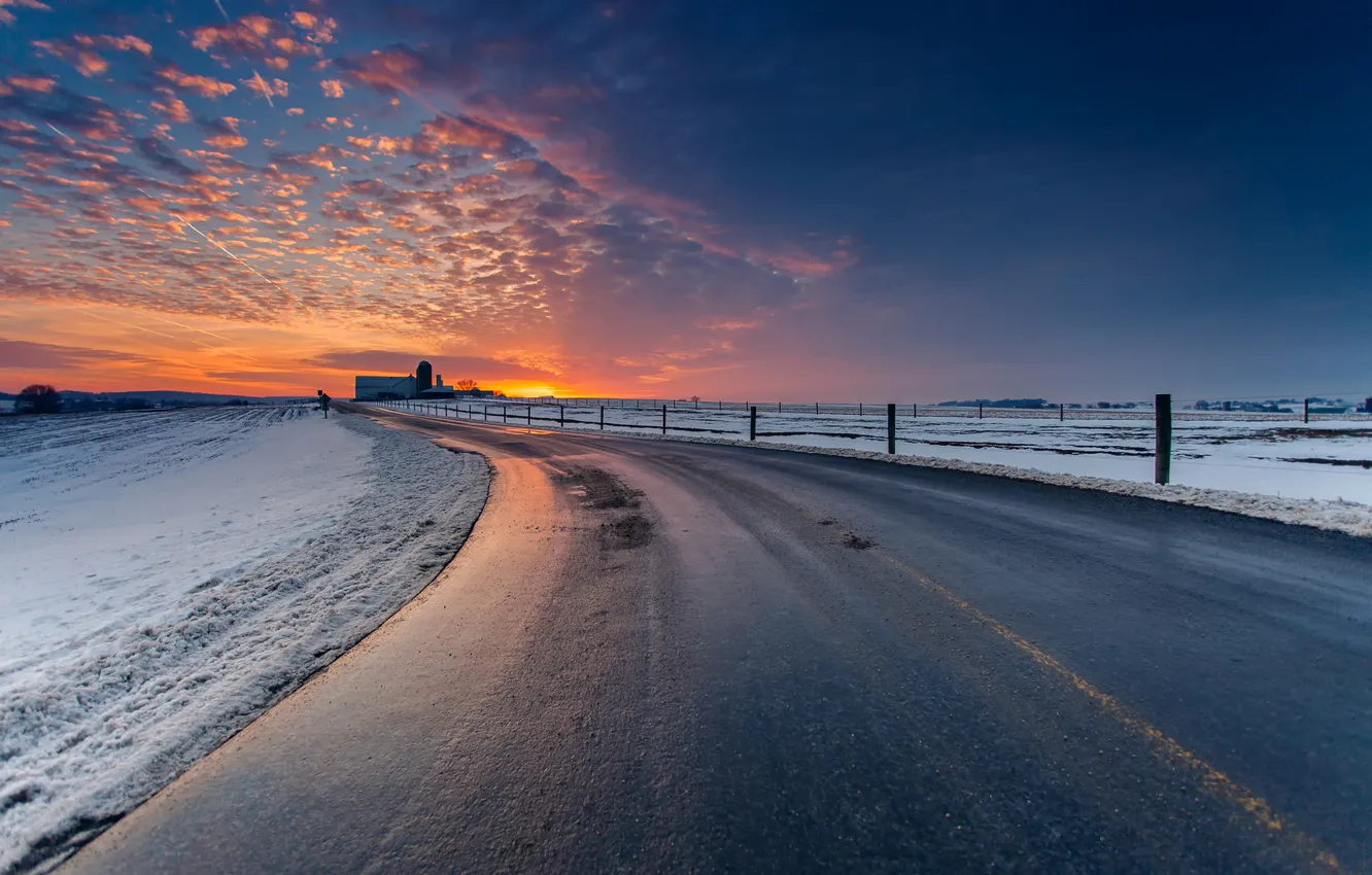 Photo wallpaper winter, road, the sky, clouds, snow, landscape, sunset, nature