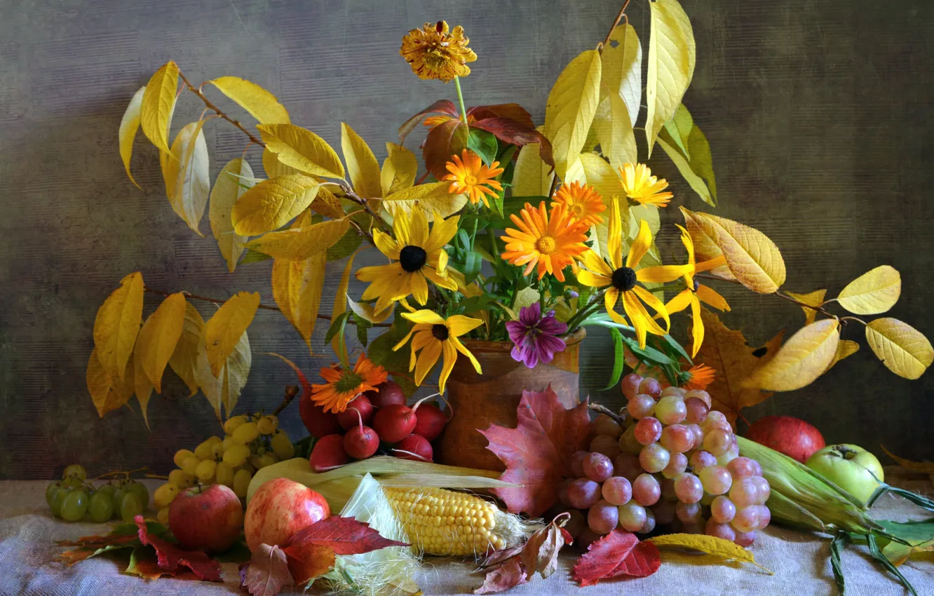 Photo wallpaper leaves, flowers, apples, corn, grapes, fruit, calendula, radishes