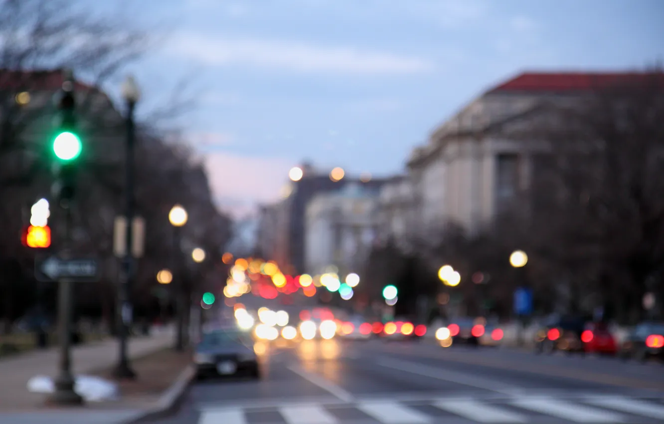 Photo wallpaper road, the city, lights, the evening, bokeh