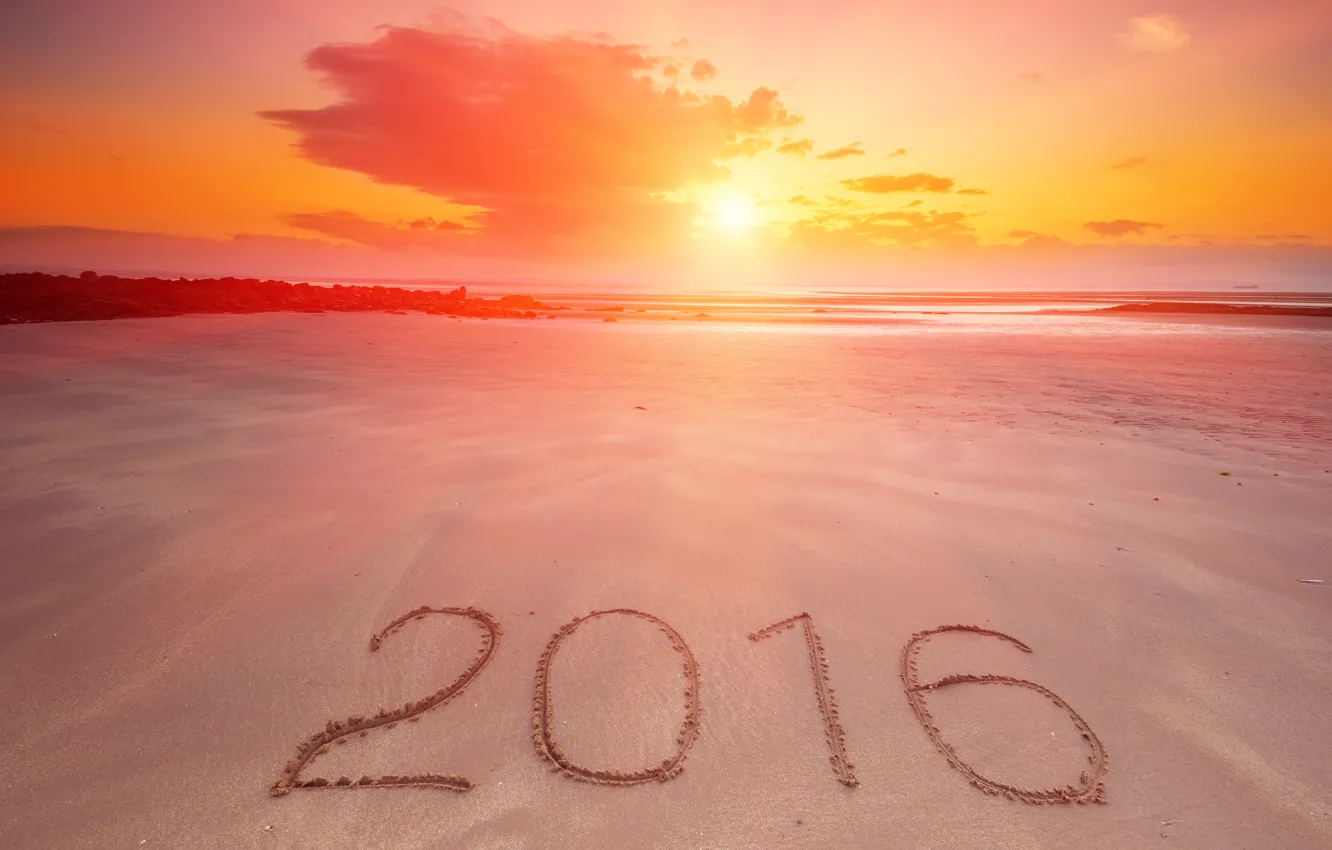 Photo wallpaper sand, sea, beach, sunset, New Year, figures, New Year, Happy