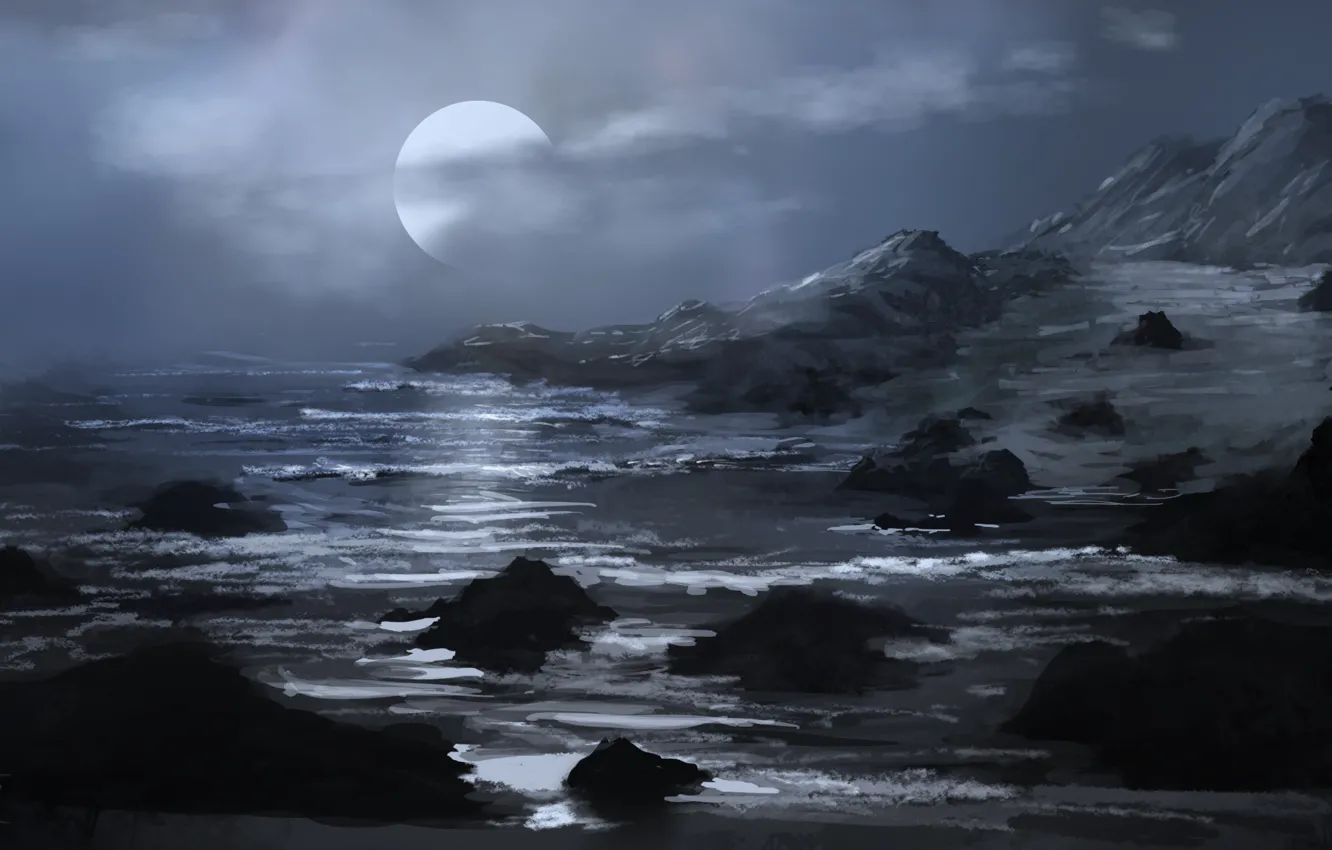 Photo wallpaper sea, clouds, mountains, stones, rocks, art, the full moon, painted landscape