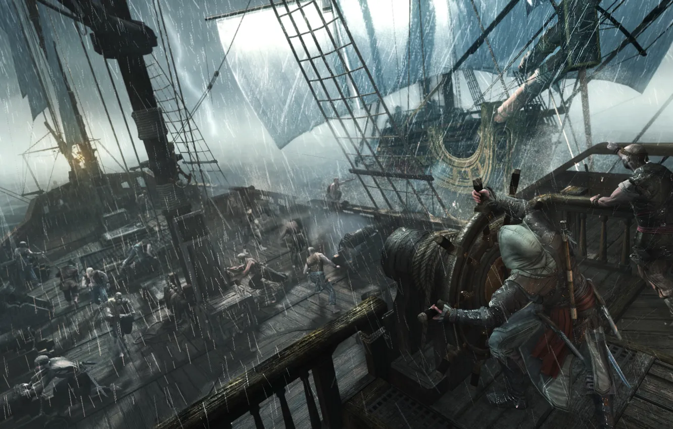 Photo wallpaper storm, rain, ship, pirate, killer, assassin, Edward Kenway, Assassin's Creed IV: Black Flag