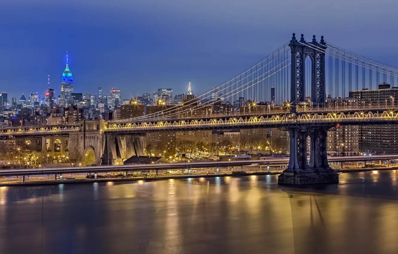 Photo wallpaper night, bridge, lights, New York, USA, Manhattan