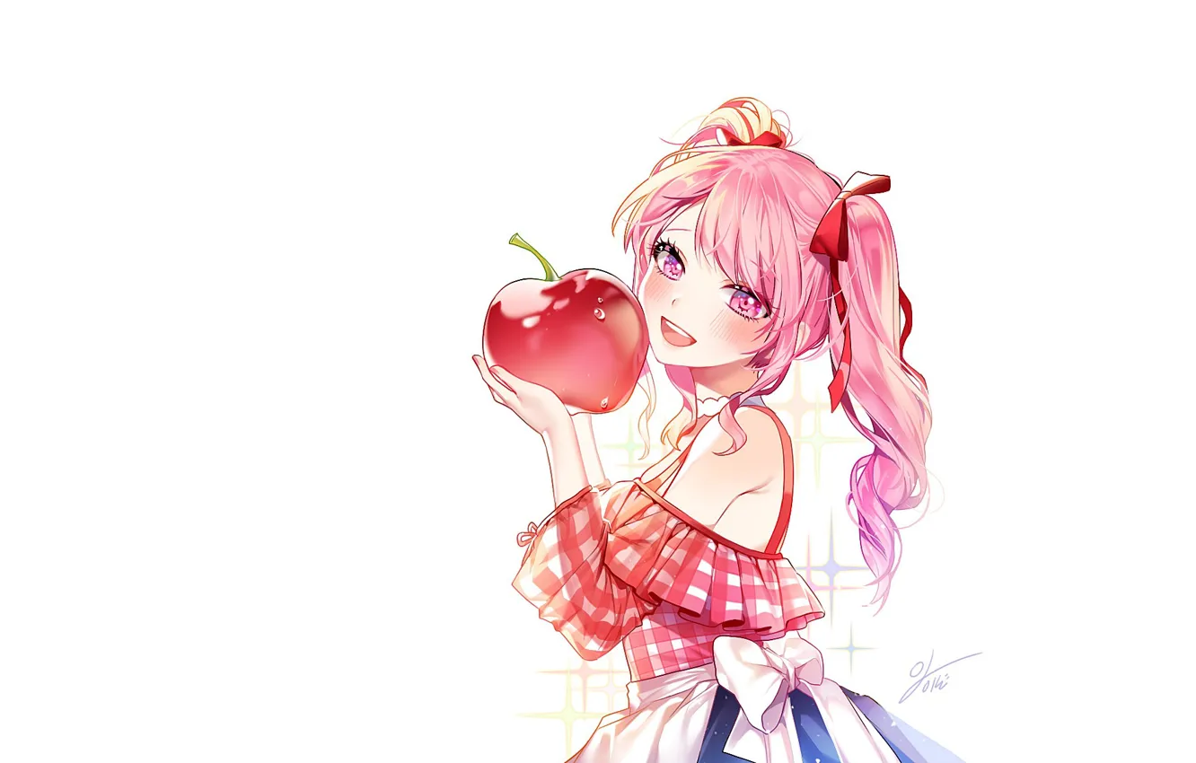 Photo wallpaper white background, cherry, shoulders, pink hair, sweet girl, Ulybka, red bow, chalker