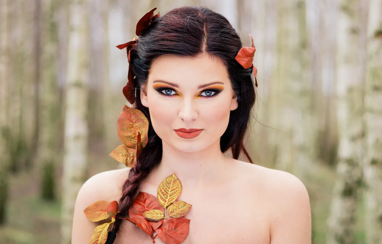 Photo wallpaper look, leaves, face, background, model, hair, makeup, braid