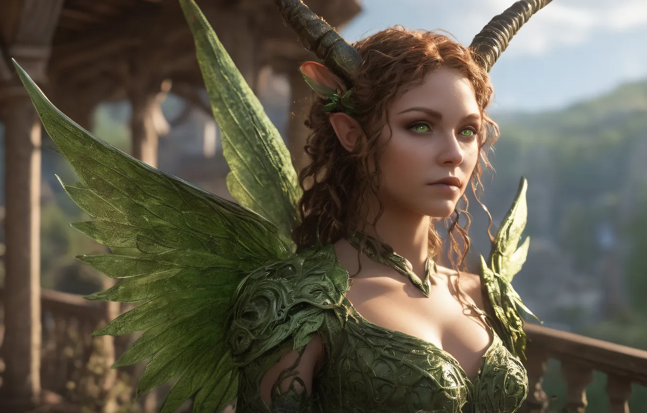 Photo wallpaper girl, wings, fantasy, horns