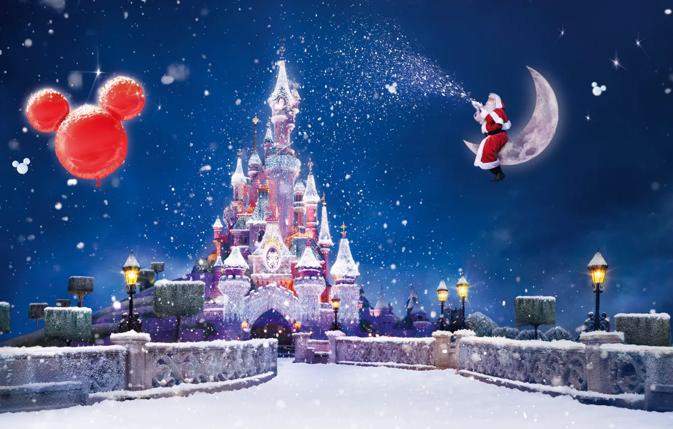Photo wallpaper snow, lights, castle, holiday, magic, the moon, Paris, Christmas