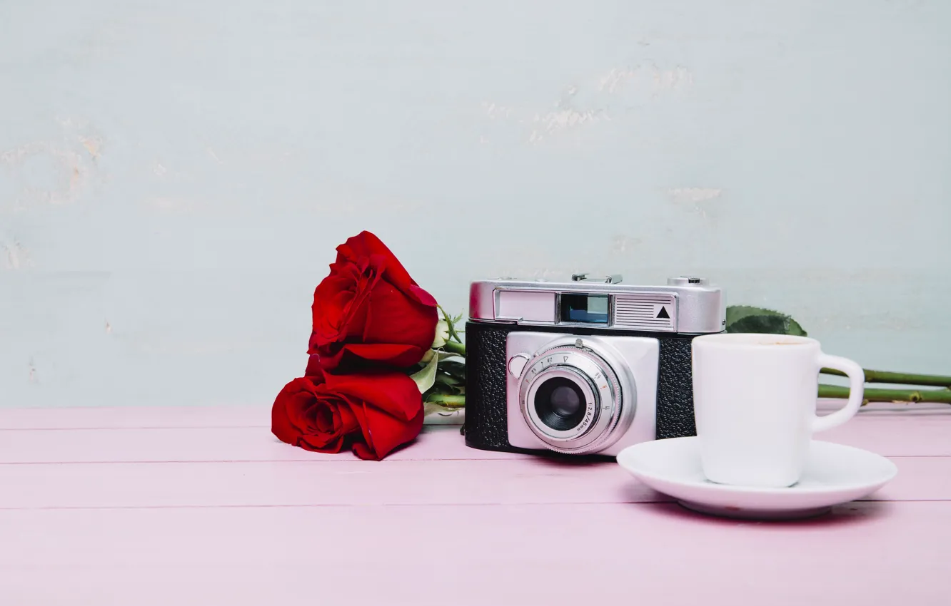 Photo wallpaper flowers, coffee, roses, the camera