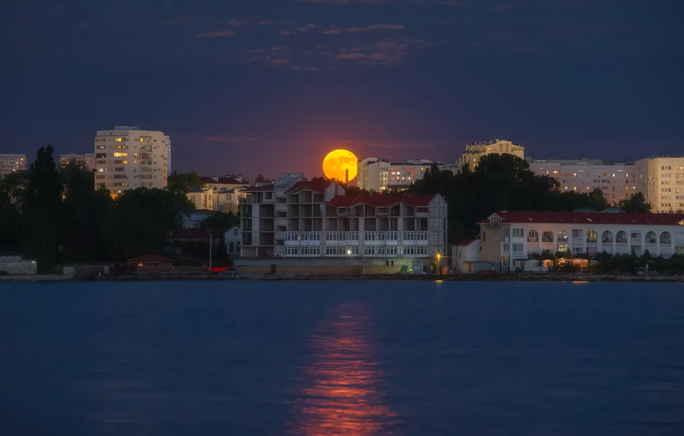Photo wallpaper night, the city, lights, darkness, blue, the moon, shore, building