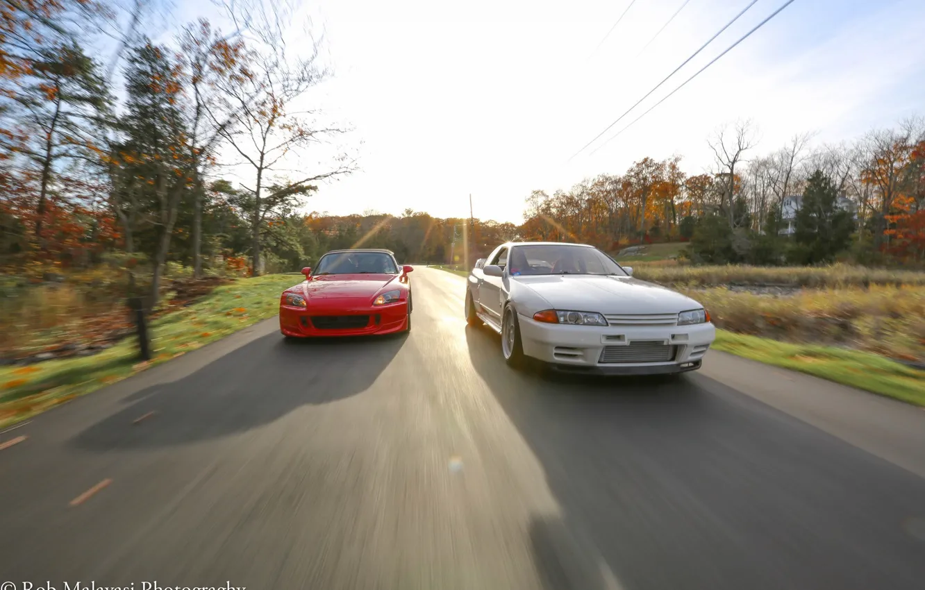 Photo wallpaper road, autumn, forest, Japan, red, Nissan, white, Honda
