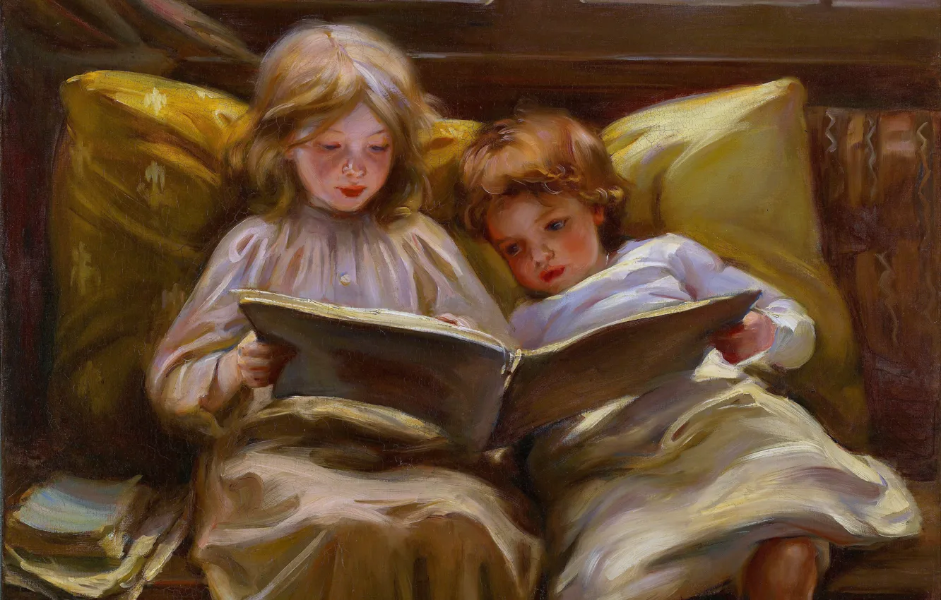 Photo wallpaper children, picture, book, two, Laura Munz Lyle, Interesting story, Laura Muntz Lyall, Canadian artist