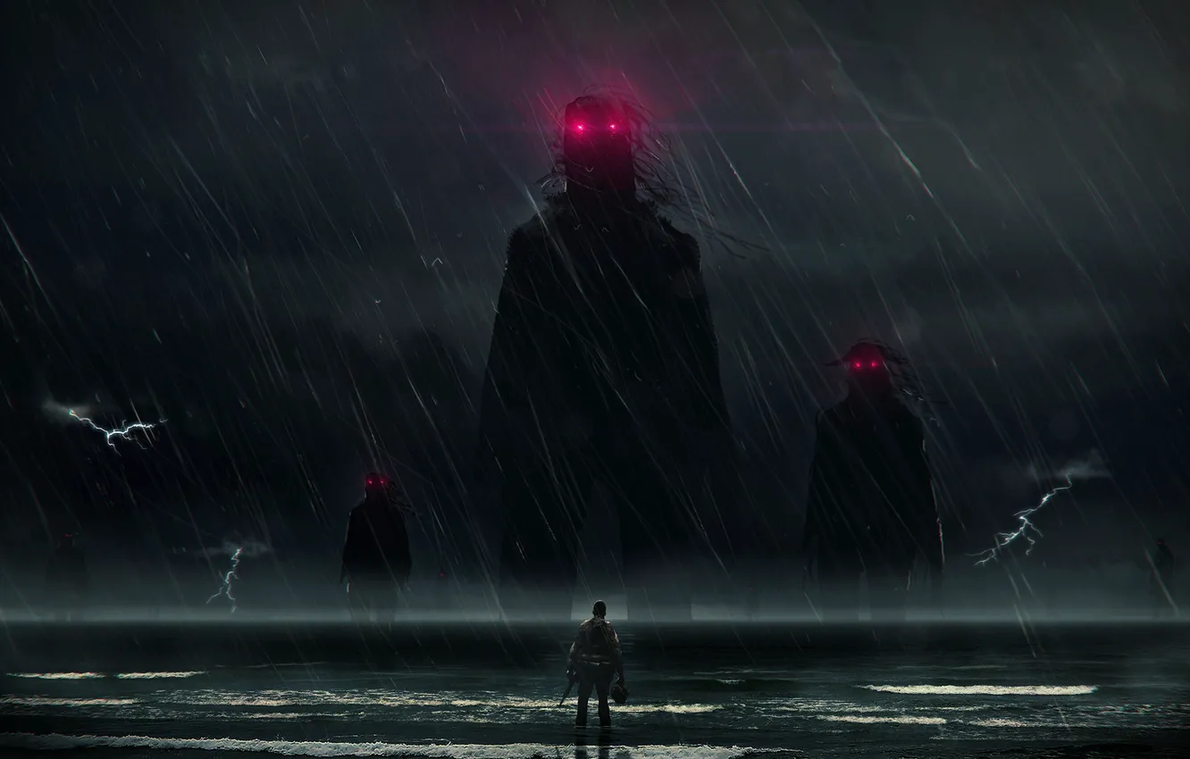 Photo wallpaper sea, rain, the ocean, figure, people, robot, silhouette, art