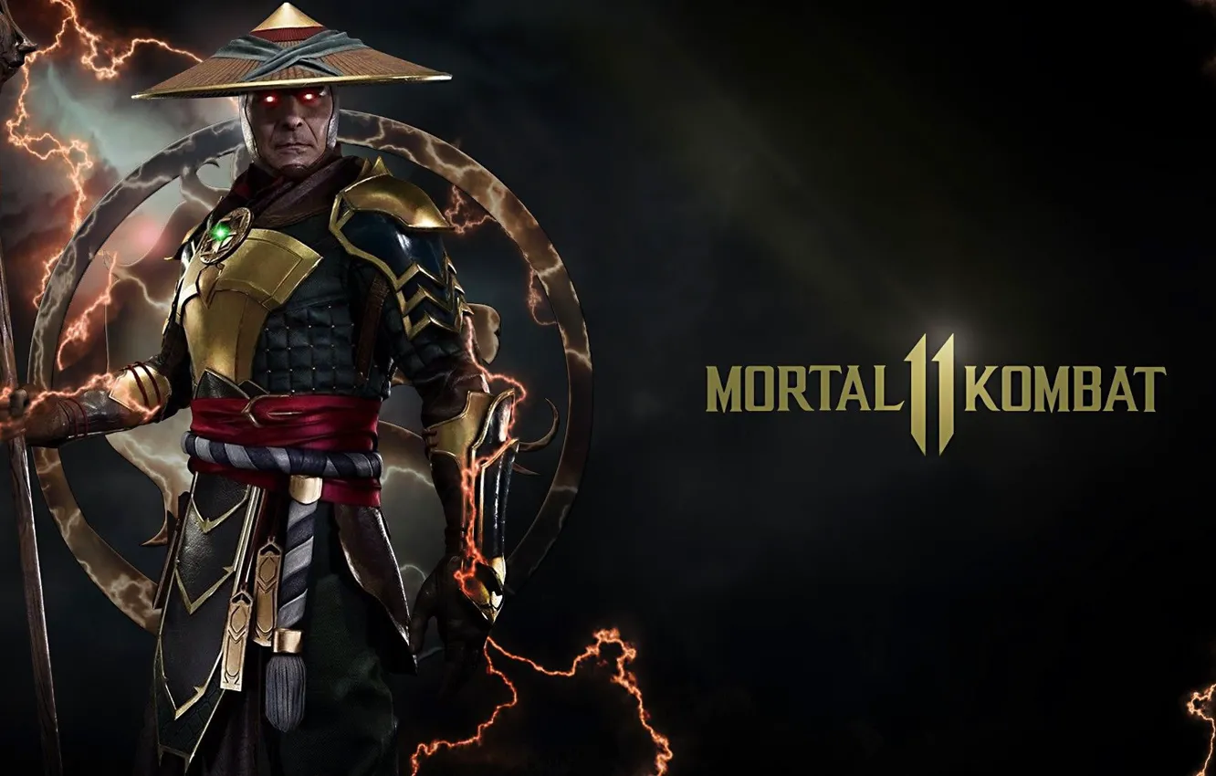 Photo wallpaper the dark background, lightning, the game, characters, Raiden, Raiden, Mortal Kombat 11, Mortal Kombat 11