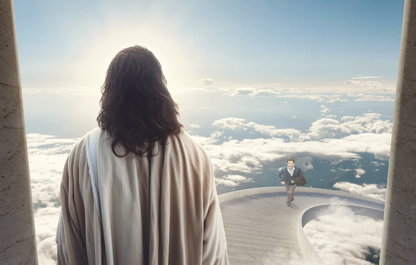 Photo wallpaper clouds, Jesus, back, male, religion, Jesus Christ, digital art, AI art