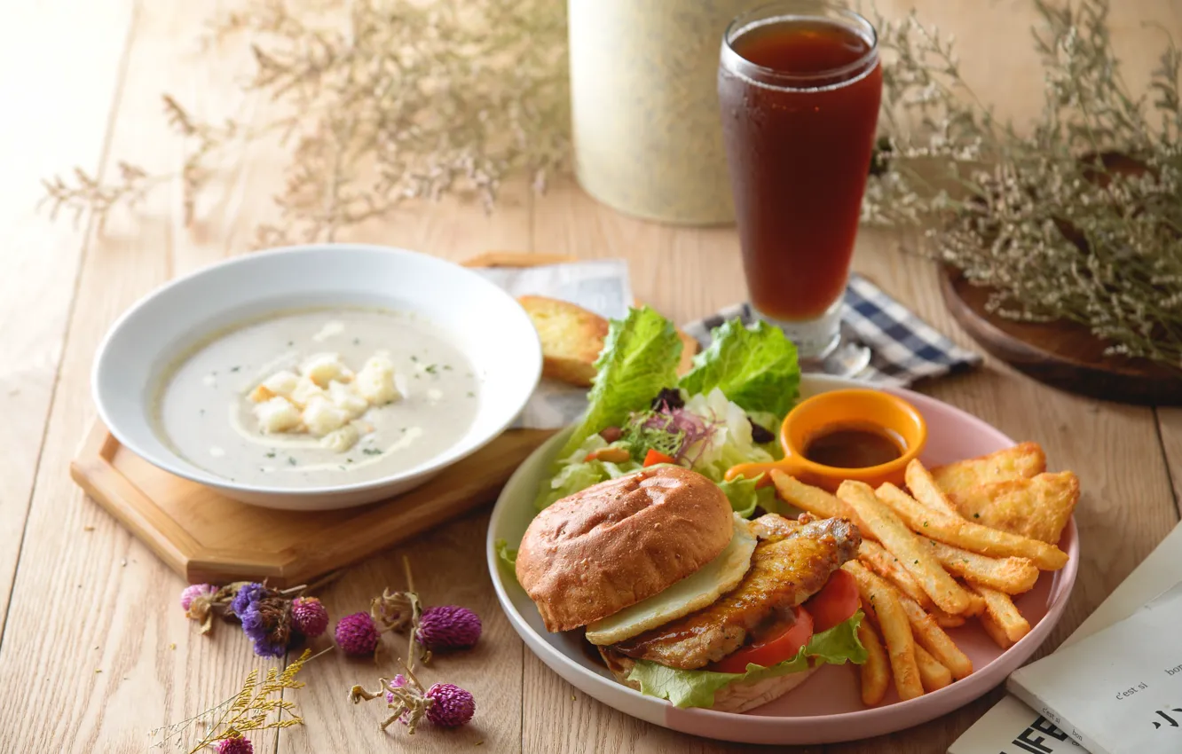 Photo wallpaper beer, salad, potatoes, Burger