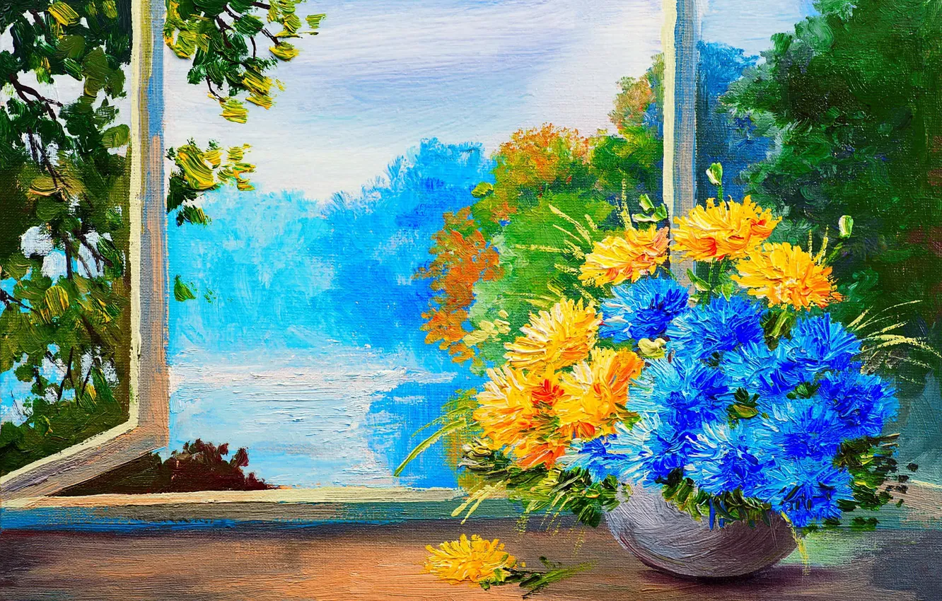 Photo wallpaper trees, landscape, flowers, paint, figure, view, bouquet, window