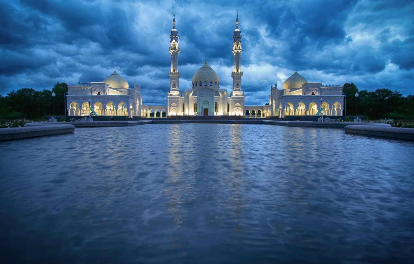 Photo wallpaper water, clouds, landscape, lights, twilight, Tatarstan, AK (white) mosque, Bulgar