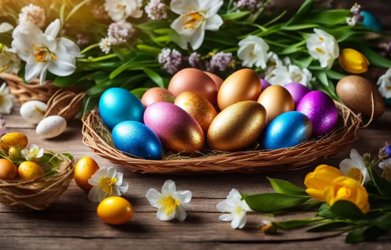 Photo wallpaper flowers, eggs, spring, colorful, Easter, flowers, spring, Easter