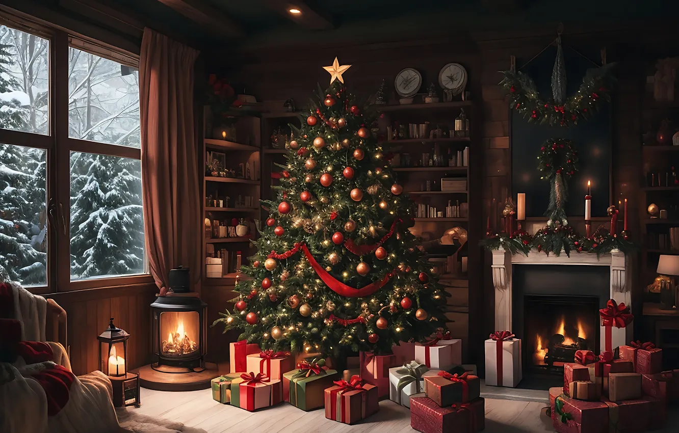 Photo wallpaper decoration, room, gift, tree, new year, interior, Christmas, Christmas