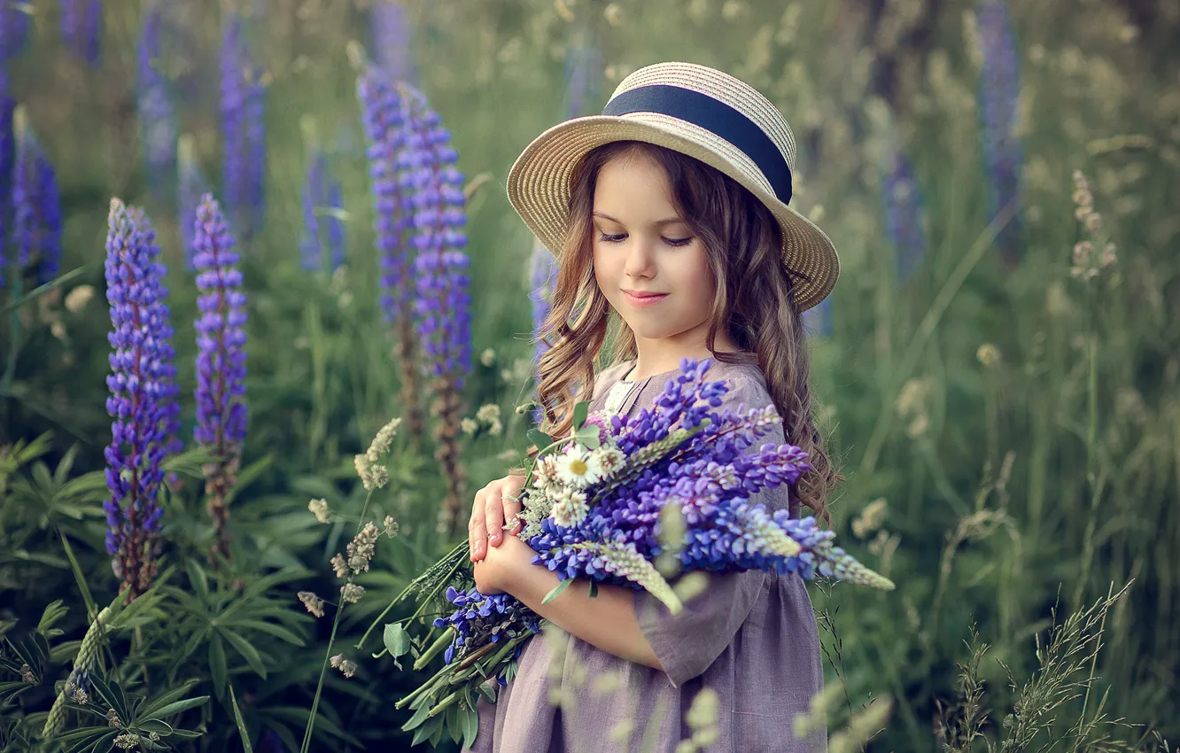 Photo wallpaper field, summer, flowers, nature, children, bouquet, dress, girl