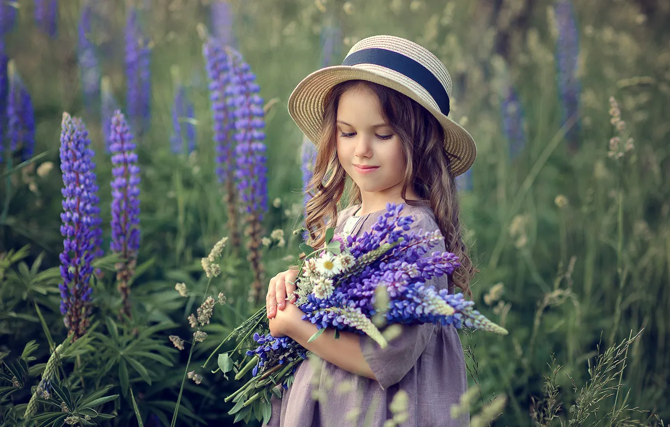 Photo wallpaper field, summer, flowers, nature, bouquet, dress, girl, hat