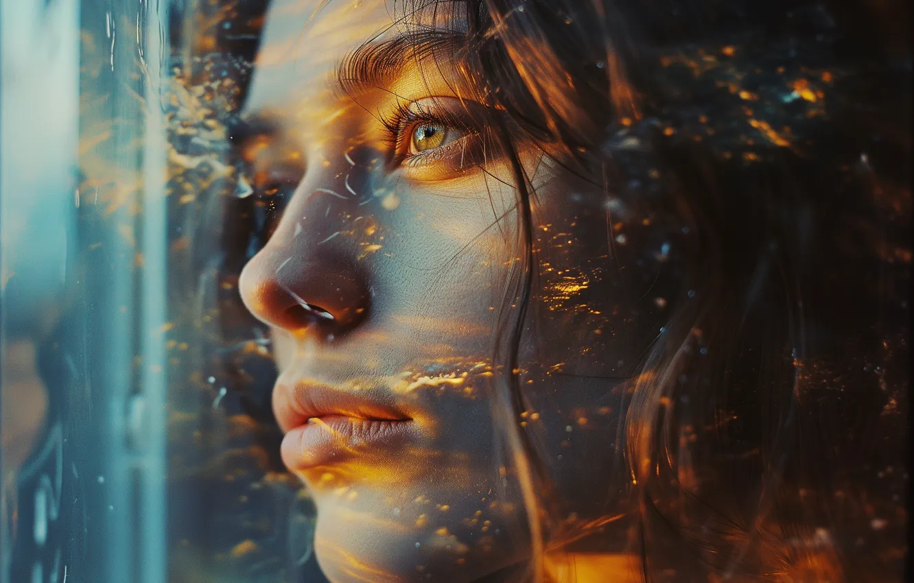 Photo wallpaper look, girl, light, glare, portrait, window, looking out the window, AI art