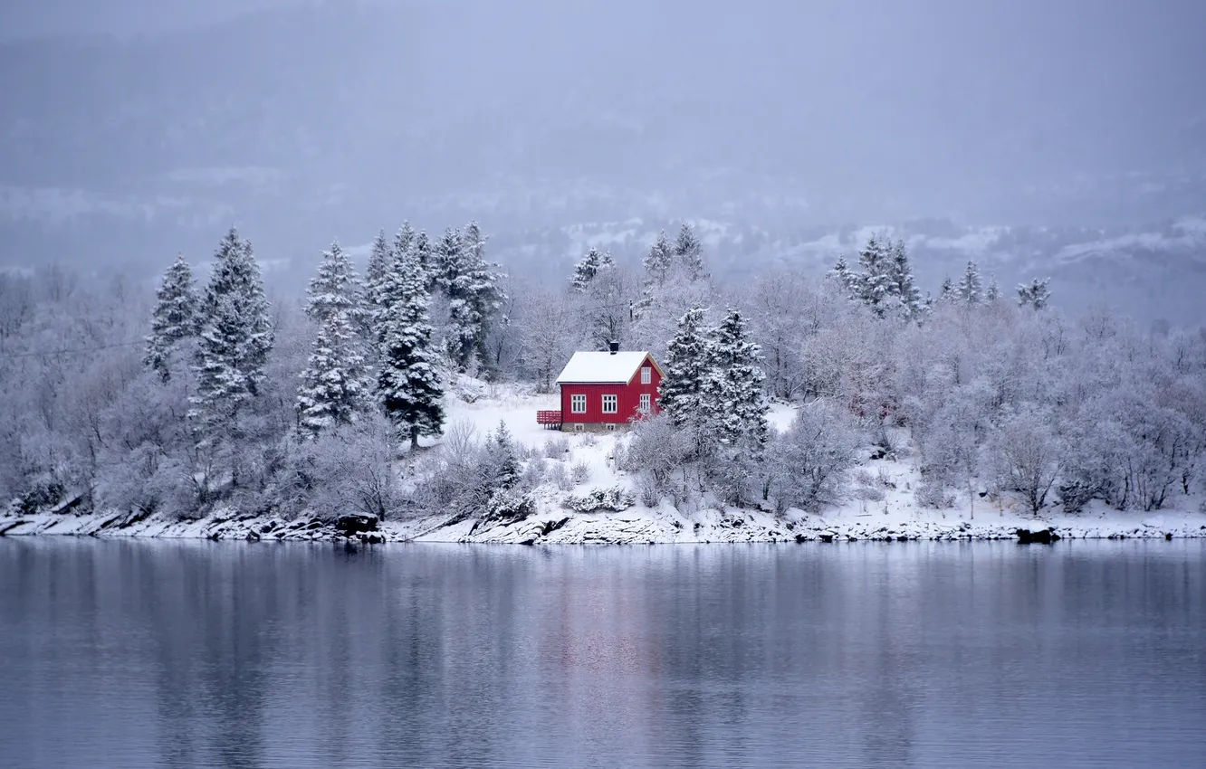 Photo wallpaper winter, frost, forest, snow, trees, mountains, red, nature