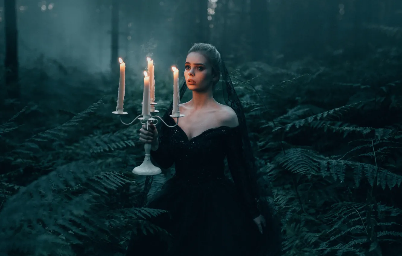 Photo wallpaper forest, girl, the situation, candles, fern, Bird Man, Pasechnik, The Black Widow